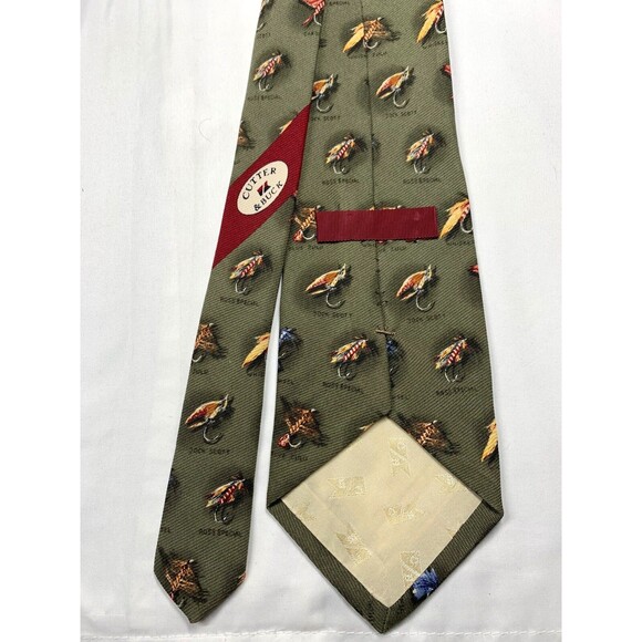 Cutter & Buck Named Fishing Tackle Mens Tie Classic Green 100% Silk Made in USA - Picture 2 of 5